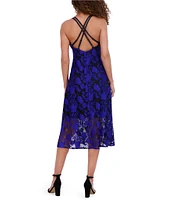 SIENA Embroidered Mesh Floral Pattern V-Neck Sleeveless Double Strap A-Line Dress