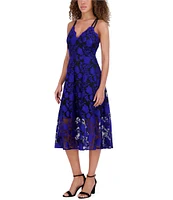 SIENA Embroidered Mesh Floral Pattern V-Neck Sleeveless Double Strap A-Line Dress