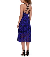 SIENA Embroidered Mesh Floral Pattern V-Neck Sleeveless Double Strap A-Line Dress