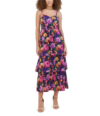 SIENA Floral Burnout Chiffon Sweetheart Neck Sleeveless Tiered Side Slit Midi Dress