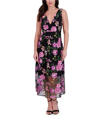 SIENA Floral Embroidered Mesh Plunge V-Neck Sleeveless A-Line Midi Dress