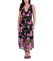 SIENA Floral Embroidered Mesh Plunge V-Neck Sleeveless A-Line Midi Dress