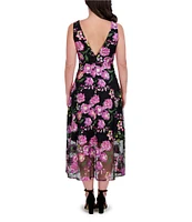 SIENA Floral Embroidered Mesh Plunge V-Neck Sleeveless A-Line Midi Dress