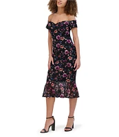 SIENA Floral Lace Sweetheart Off The Shoulder Ruffle Hem Midi Dress