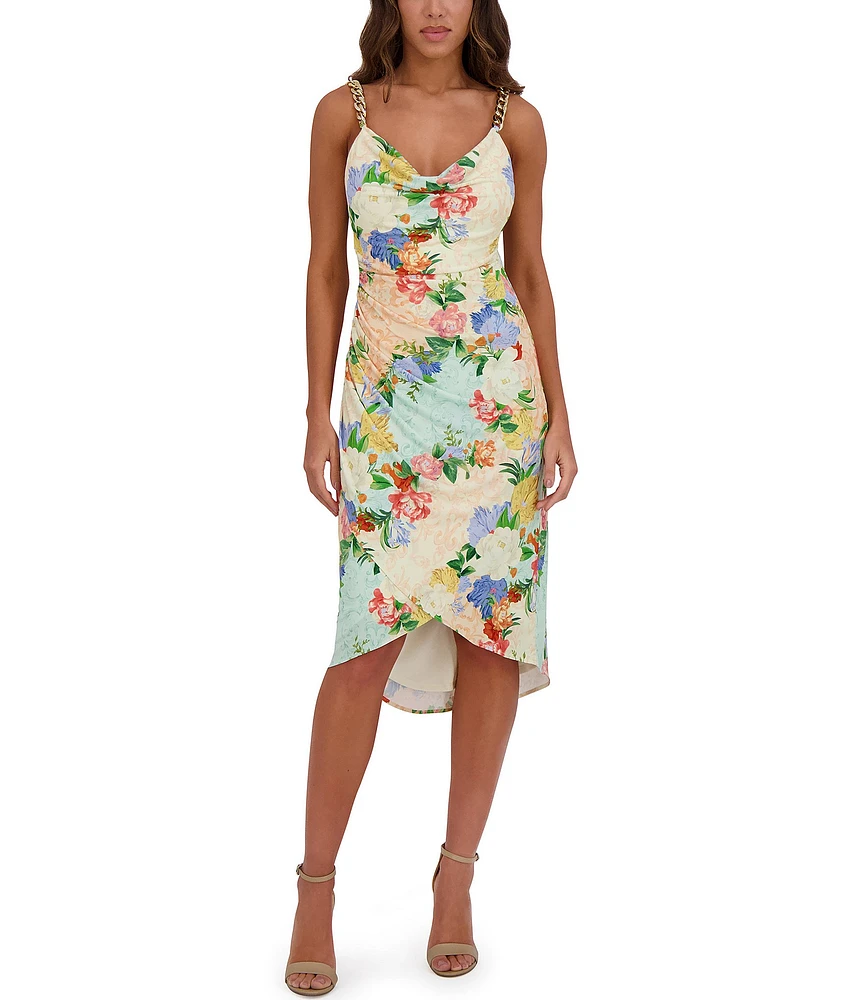 SIENA Floral Print Cowl Neck Sleeveless Chain Straps Tulip Hem Sheath Dress