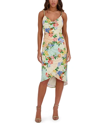 SIENA Floral Print Cowl Neck Sleeveless Chain Straps Tulip Hem Sheath Dress