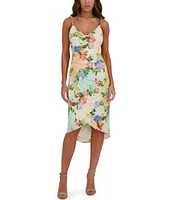 SIENA Floral Print Cowl Neck Sleeveless Chain Straps Tulip Hem Sheath Dress