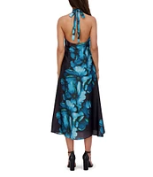 SIENA Floral Print Satin Halter Neck Rosette Back Tie Asymmetrical Hem Midi Dress