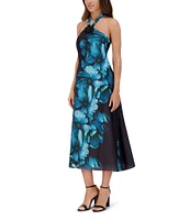 SIENA Floral Print Satin Halter Neck Rosette Back Tie Asymmetrical Hem Midi Dress