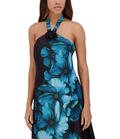 SIENA Floral Print Satin Halter Neck Rosette Back Tie Asymmetrical Hem Midi Dress