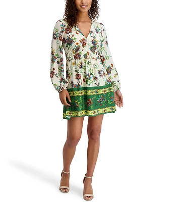 SIENA Floral Print V-Neck Long Sleeve Woven Shift Mini Dress