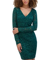 SIENA Floral Stretch Lace V-Neck Long Sleeve Illusion Mini Dress