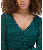 SIENA Floral Stretch Lace V-Neck Long Sleeve Illusion Mini Dress