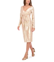 SIENA Foiled Knit V-Neck Long Sleeve Front Twist Sheath Dress