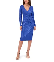 SIENA Foiled Knit V-Neck Long Sleeve Front Twist Sheath Dress