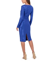 SIENA Foiled Knit V-Neck Long Sleeve Front Twist Sheath Dress