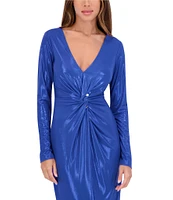 SIENA Foiled Knit V-Neck Long Sleeve Front Twist Sheath Dress