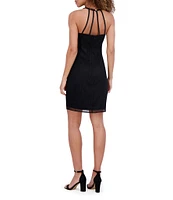 SIENA Illusion Halter Cage Back Embroidered Mesh Sheath Dress