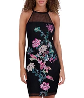 SIENA Illusion Halter Cage Back Embroidered Mesh Sheath Dress