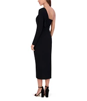 SIENA ITY One Shoulder Neck Long Sleeve Front Ruched Ruffle Midi Sheath Dress