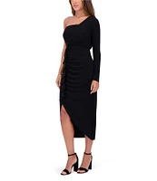 SIENA ITY One Shoulder Neck Long Sleeve Front Ruched Ruffle Midi Sheath Dress