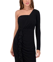 SIENA ITY One Shoulder Neck Long Sleeve Front Ruched Ruffle Midi Sheath Dress