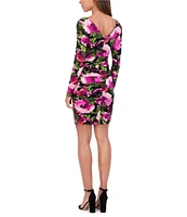 SIENA Jersey Knit Floral Print V-Neck Long Sleeve Front Ruched Sheath Dress