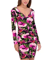 SIENA Jersey Knit Floral Print V-Neck Long Sleeve Front Ruched Sheath Dress