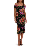 SIENA Lace Floral Print Off-The-Shoulder Neck Short Sleeve Sheath Midi Dress