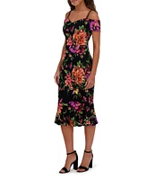 SIENA Lace Floral Print Off-The-Shoulder Neck Short Sleeve Sheath Midi Dress