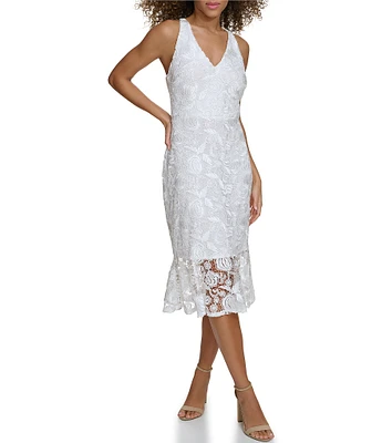 SIENA Lace V-Neck Sleeveless Strappy Back Flounce Hem Mermaid Midi Dress