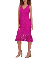 SIENA Lace V-Neck Sleeveless Strappy Back Flounce Hem Mermaid Midi Dress