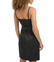 SIENA Matte Satin Sweetheart Neck Sleeveless Tie Waist Faux Wrap Mini Dress