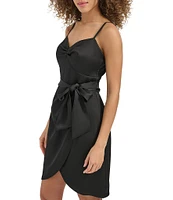 SIENA Matte Satin Sweetheart Neck Sleeveless Tie Waist Faux Wrap Mini Dress