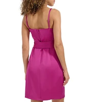 SIENA Matte Satin Sweetheart Neck Sleeveless Tie Waist Faux Wrap Mini Dress