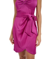 SIENA Matte Satin Sweetheart Neck Sleeveless Tie Waist Faux Wrap Mini Dress