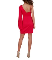 SIENA Matte Satin V-Neck Long Bell Sleeve Faux Wrap Waist Tulip Hem Sheath Dress