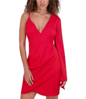 SIENA Matte Satin V-Neck Long Bell Sleeve Faux Wrap Waist Tulip Hem Sheath Dress