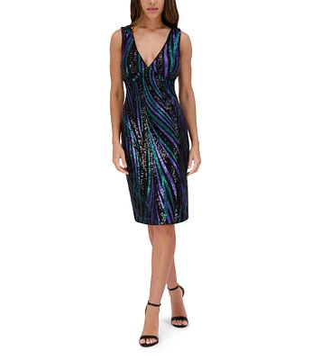 SIENA Multi Sequin Mesh V-Neck Sleeveless Open Back Sheath Dress