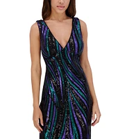 SIENA Multi Sequin Mesh V-Neck Sleeveless Open Back Sheath Dress