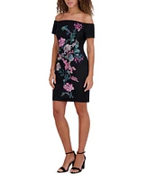 SIENA Off-The-Shoulder Floral Embroidered Mesh Sheath Dress