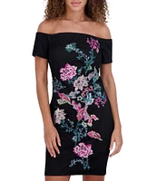 SIENA Off-The-Shoulder Floral Embroidered Mesh Sheath Dress