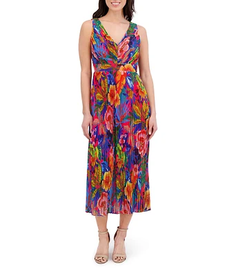 SIENA Pleated Chiffon Floral Print V-Neck Sleeveless A-Line Midi Dress