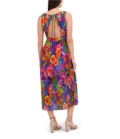 SIENA Pleated Chiffon Floral Print V-Neck Sleeveless A-Line Midi Dress