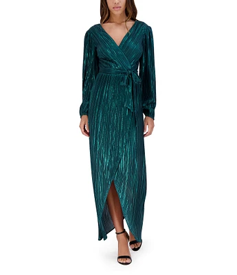 SIENA Pleated Foil Woven Surplice V-Neck Blouson Sleeve Tulip Hem Faux Wrap Dress