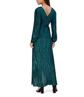 SIENA Pleated Foil Woven Surplice V-Neck Blouson Sleeve Tulip Hem Faux Wrap Dress