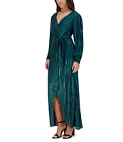 SIENA Pleated Foil Woven Surplice V-Neck Blouson Sleeve Tulip Hem Faux Wrap Dress