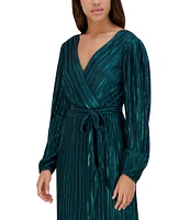 SIENA Pleated Foil Woven Surplice V-Neck Blouson Sleeve Tulip Hem Faux Wrap Dress