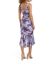 SIENA Printed Mesh Split Square Neck Sleeveless Ruched Flounce Hem Midi Dress