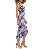 SIENA Printed Mesh Split Square Neck Sleeveless Ruched Flounce Hem Midi Dress